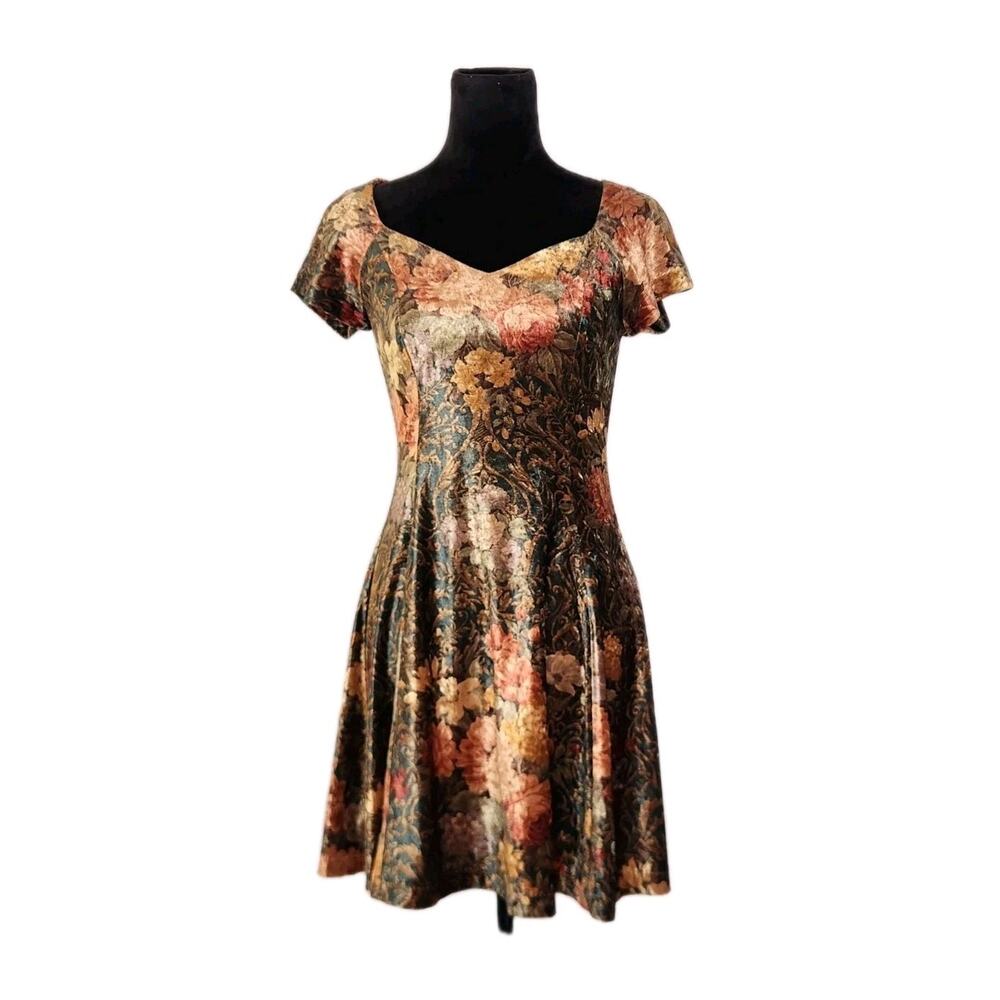Nu Oz Vtg 90s Tapestry Velour Floral Skater Dress Size 7/8 Grunge Cottage